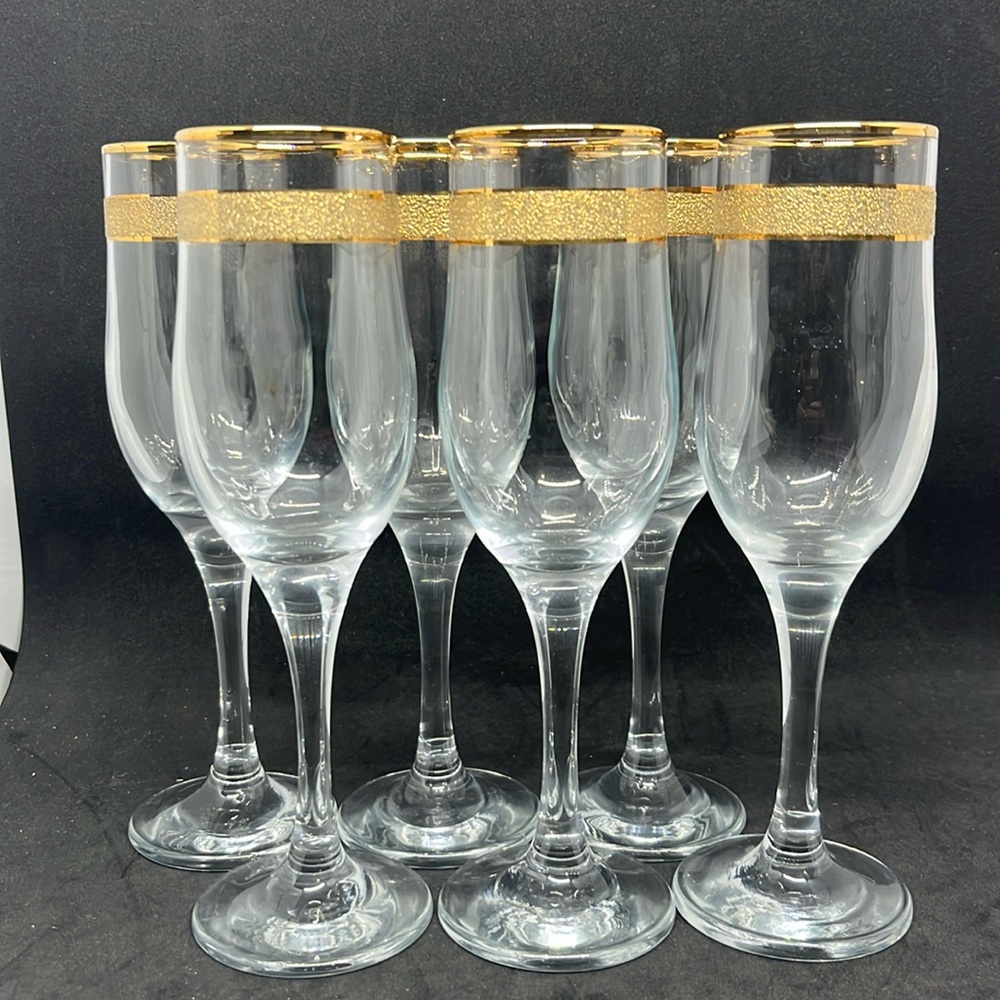 VTG Pasabahce Glass Set 6 Ice Gold Rimmed Tumblers Made In Turkey Crystal Clear